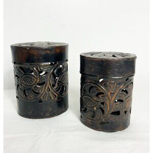 Pair of 2 Oval Dark Metal Lidded Incense / Trinket Boxes